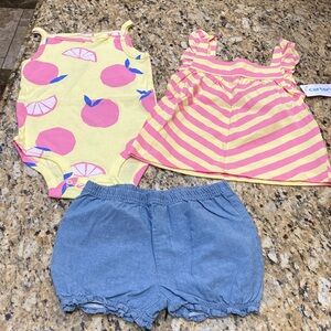 Carter's Fruit Print Onesie and Striped Top with Blue Shorts